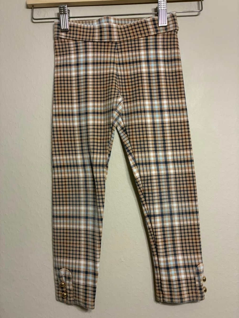 Janie and Jack beige and blue Girl Plaid Leggings size 5